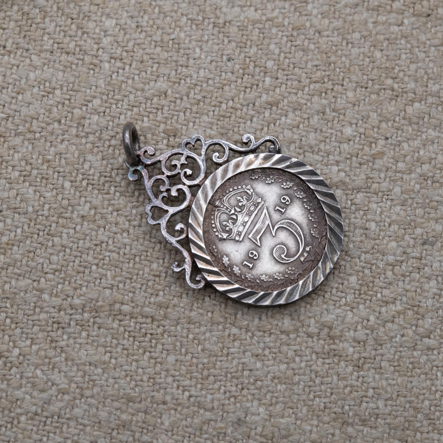 Antique 1919 George V Threepence Coin Pendant Charm - Openwork Scrolling Love Heart Mount | Collectable Pendant