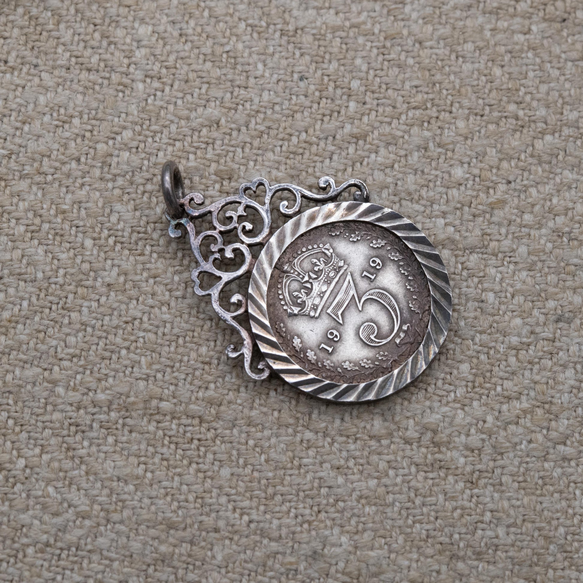 Antique 1919 George V Threepence Coin Pendant Charm - Openwork Scrolling Love Heart Mount | Collectable Pendant