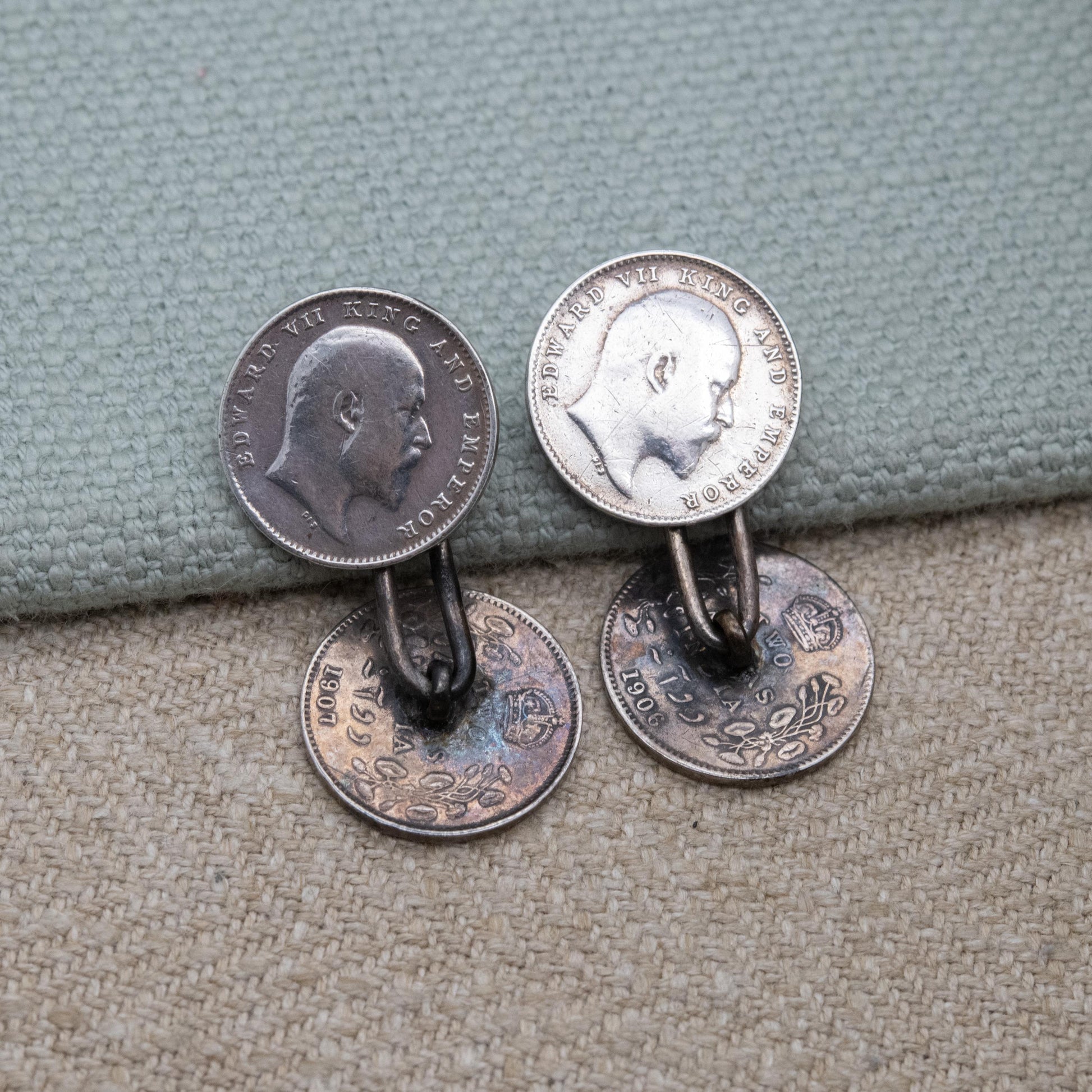 Antique Silver Edwardian 2 Annas Coins British India Cufflinks - 1900's Emperor Edward VII Collectable Coin Gift