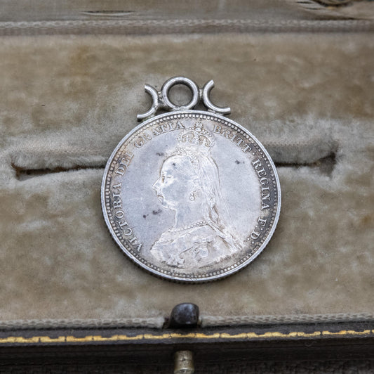 Antique 1887 Victoria Shilling Coin Pendant Charm - Openwork Scrolling Mount | Collectable Coin Pendant