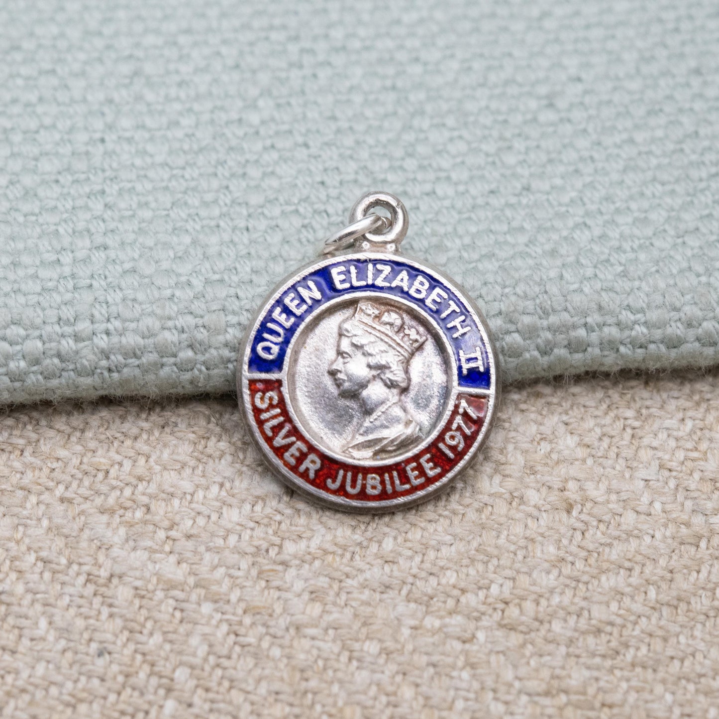 Vintage Sterling Silver Elizabeth II Charm Pendant Silver Jubilee 1977 - Mid-Century Royal Souvenir | Blue and Red Enamel | Queen Elizabeth