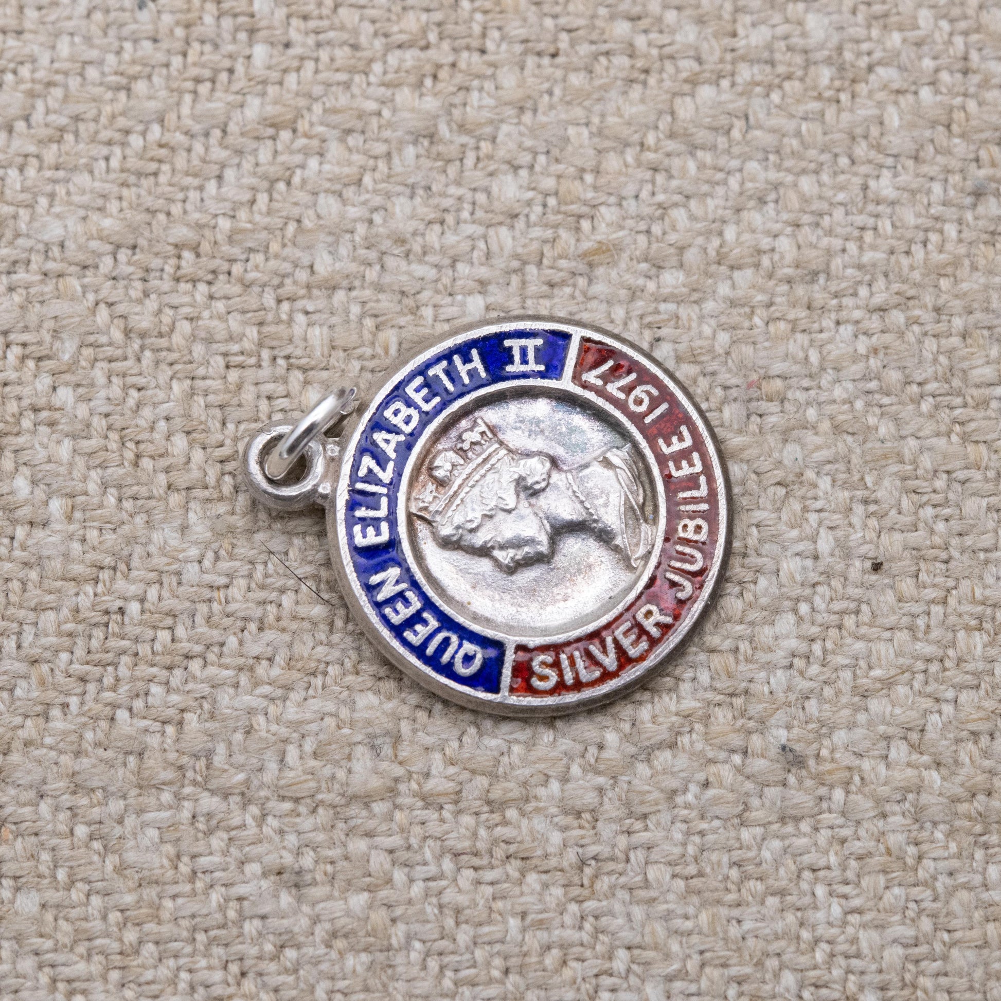 Vintage Sterling Silver Elizabeth II Charm Pendant Silver Jubilee 1977 - Mid-Century Royal Souvenir | Blue and Red Enamel | Queen Elizabeth