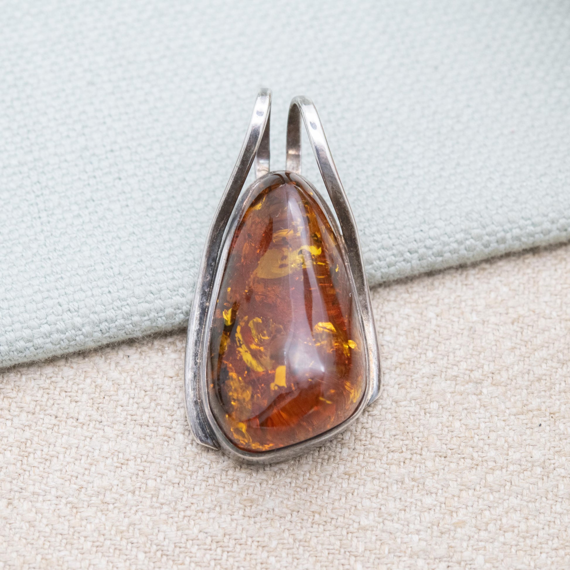 Vintage Sterling Silver Amber Large Pendant - Modernist Cabochon Gemstone Amber