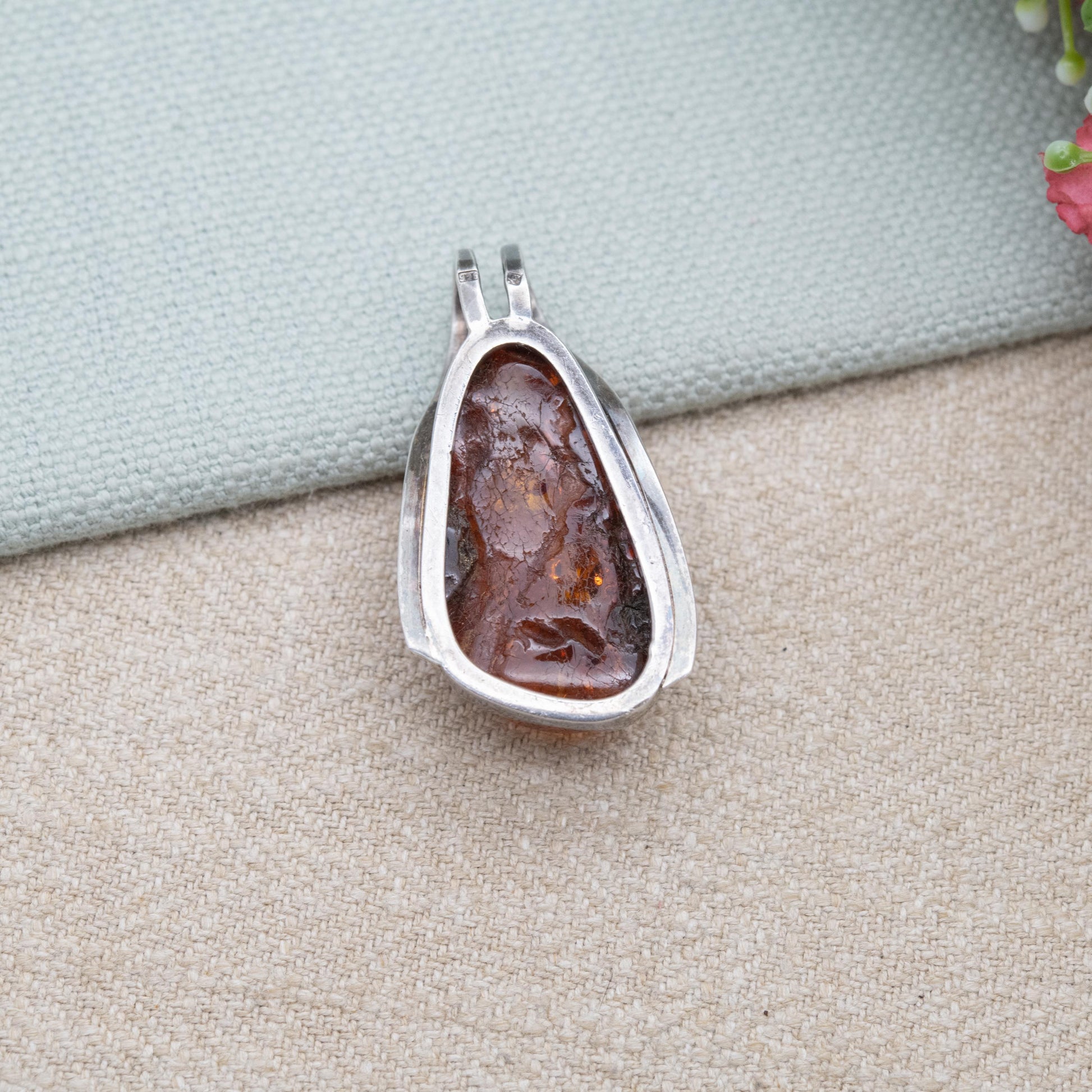 Vintage Sterling Silver Amber Large Pendant - Modernist Cabochon Gemstone Amber