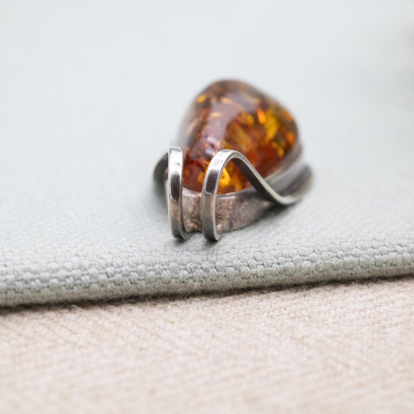 Vintage Sterling Silver Amber Large Pendant - Modernist Cabochon Gemstone Amber