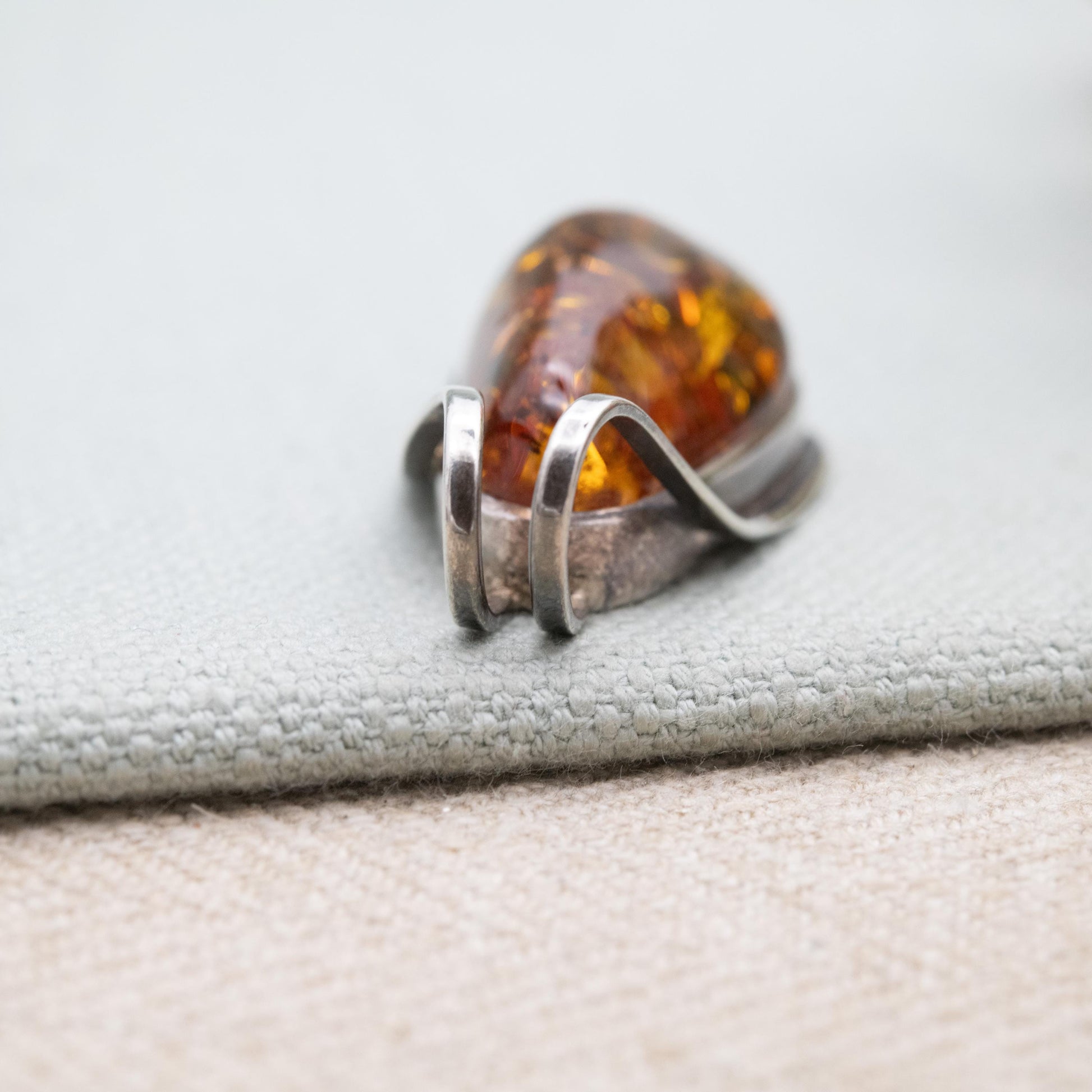 Vintage Sterling Silver Amber Large Pendant - Modernist Cabochon Gemstone Amber