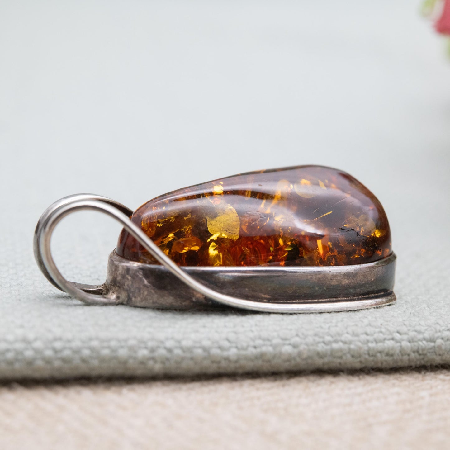 Vintage Sterling Silver Amber Large Pendant - Modernist Cabochon Gemstone Amber