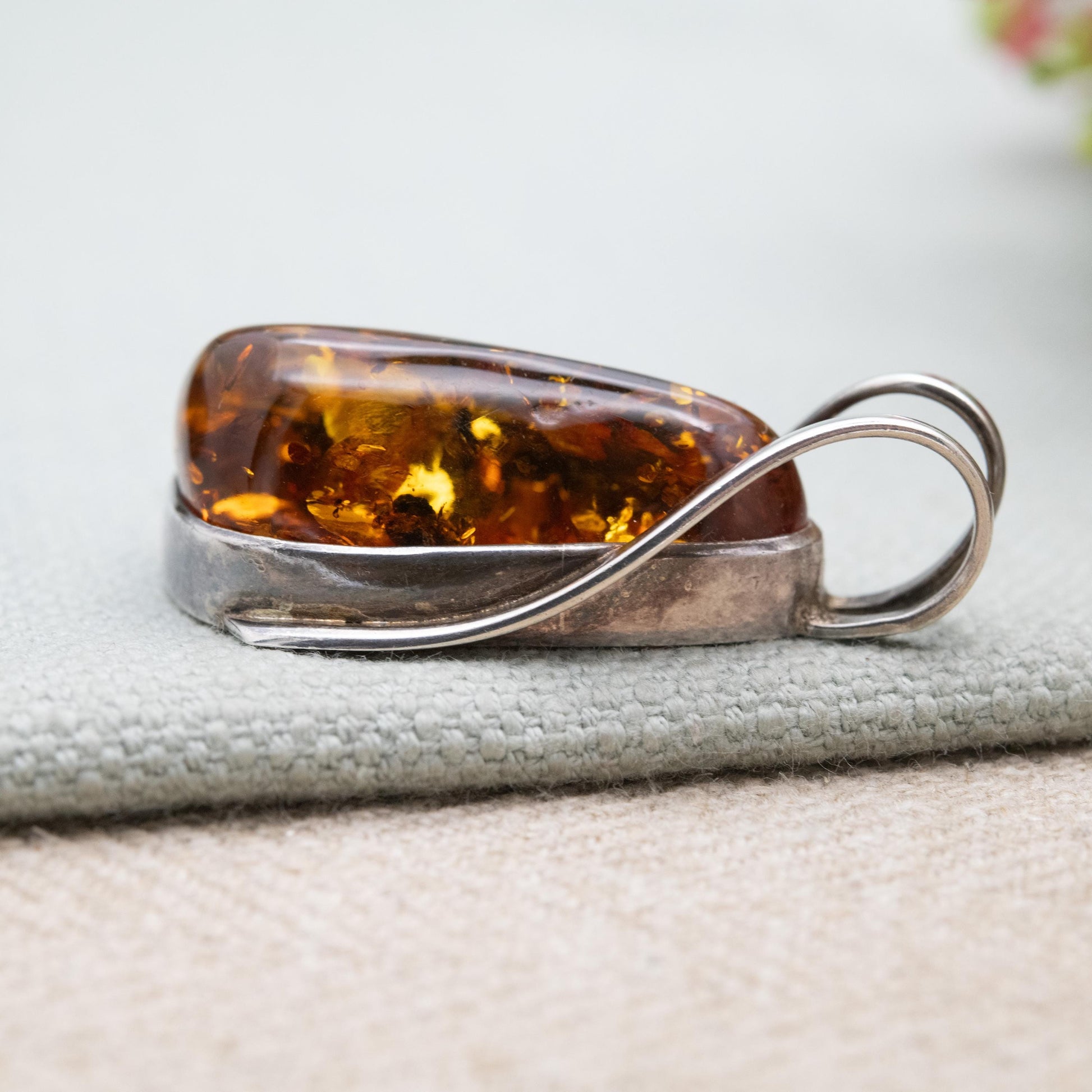 Vintage Sterling Silver Amber Large Pendant - Modernist Cabochon Gemstone Amber