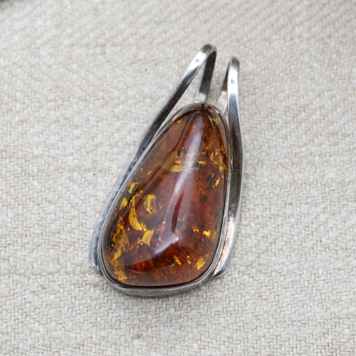 Vintage Sterling Silver Amber Large Pendant - Modernist Cabochon Gemstone Amber
