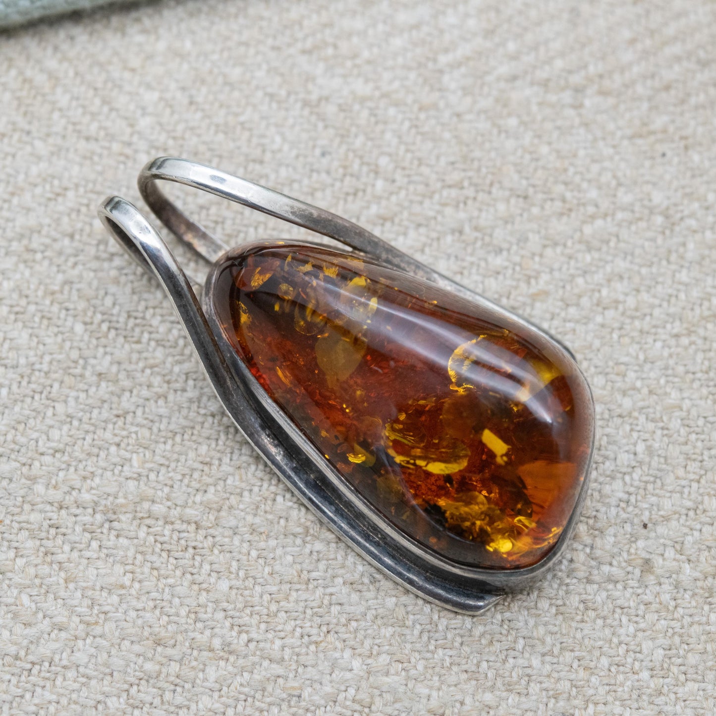 Vintage Sterling Silver Amber Large Pendant - Modernist Cabochon Gemstone Amber