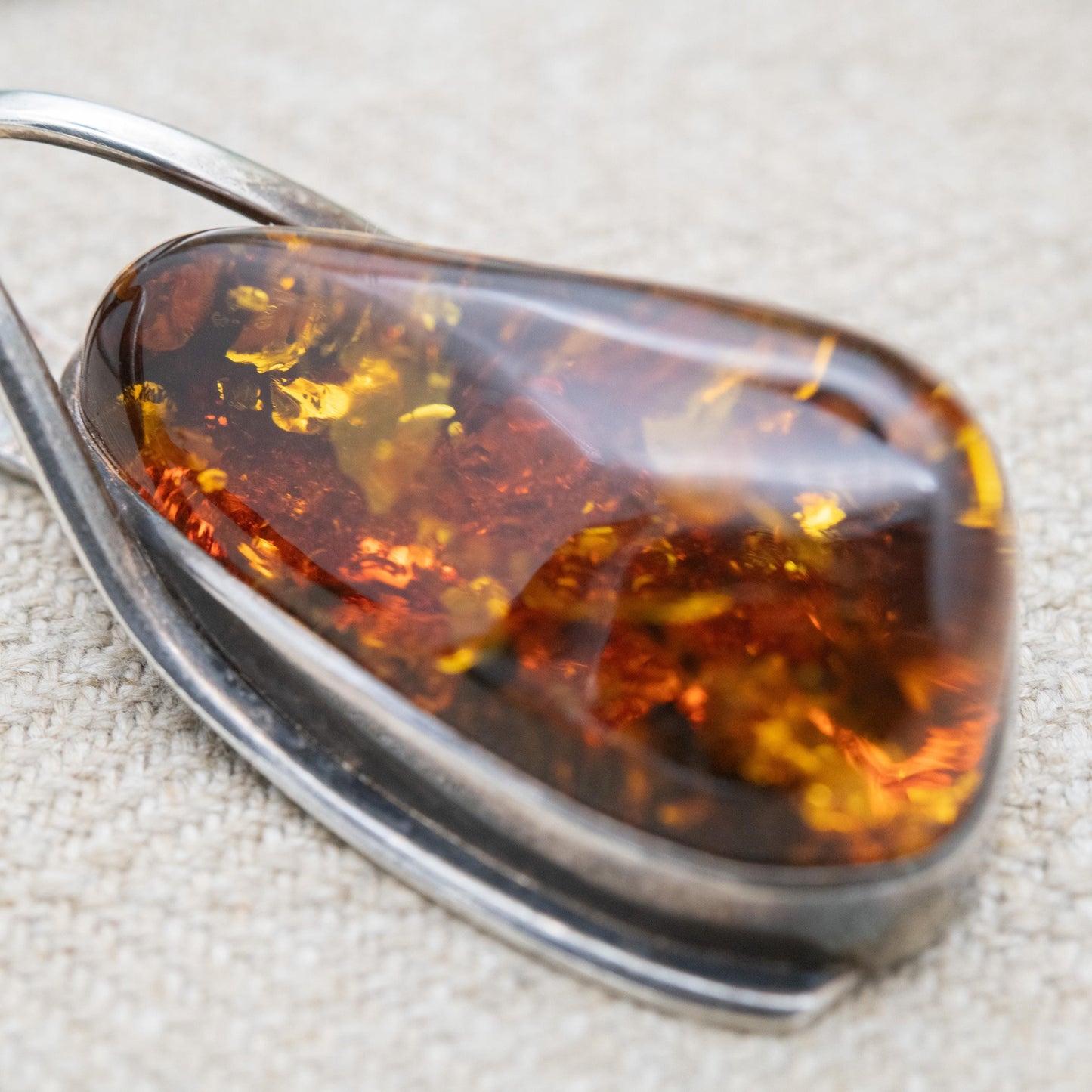 Vintage Sterling Silver Amber Large Pendant - Modernist Cabochon Gemstone Amber