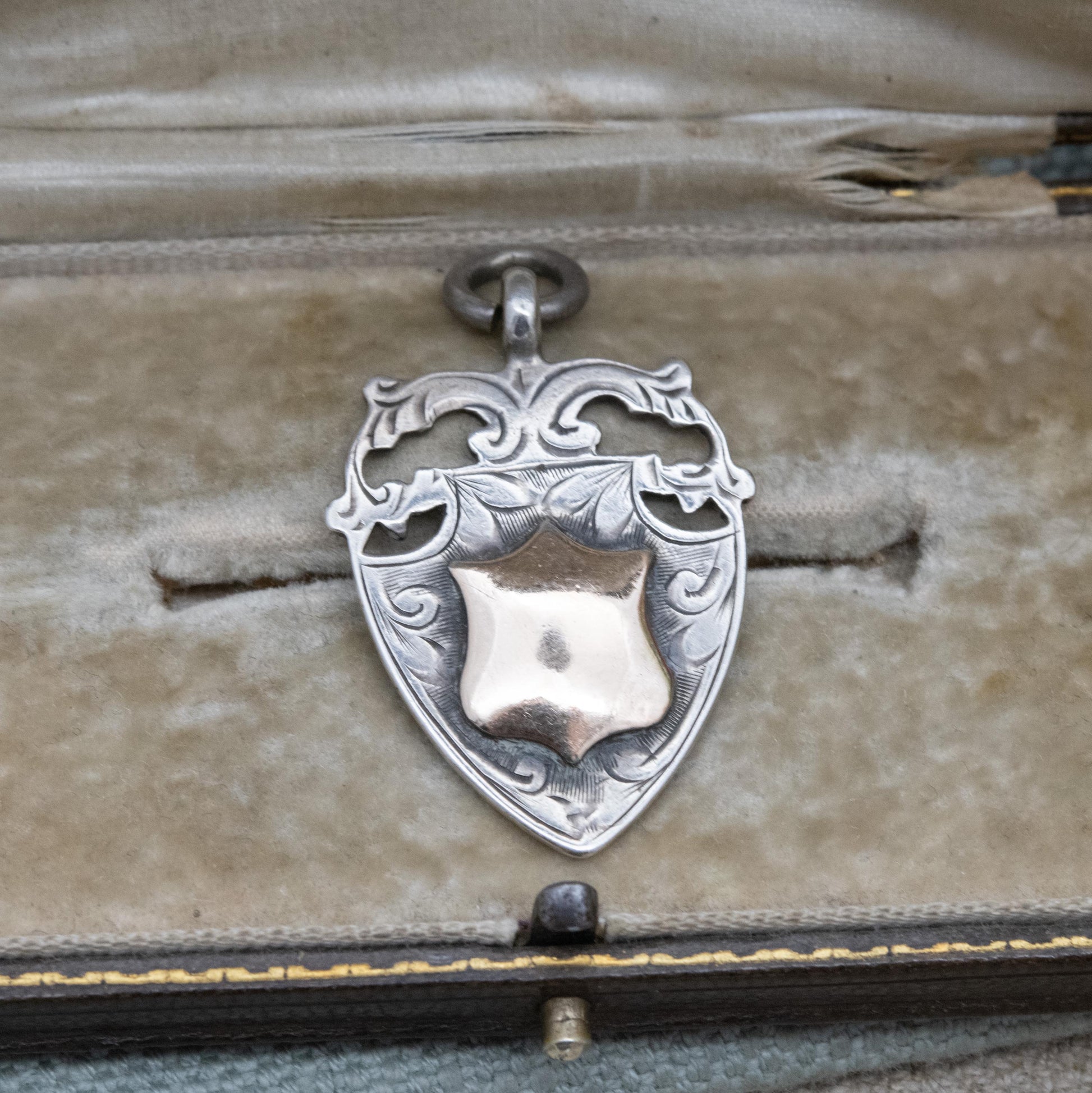 Antique Sterling Silver Gold Fronted Watch Fob Pendant 1928 - Blank Face | Openwork Floral Shield Border