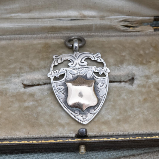 Antique Sterling Silver Gold Fronted Watch Fob Pendant 1928 - Blank Face | Openwork Floral Shield Border