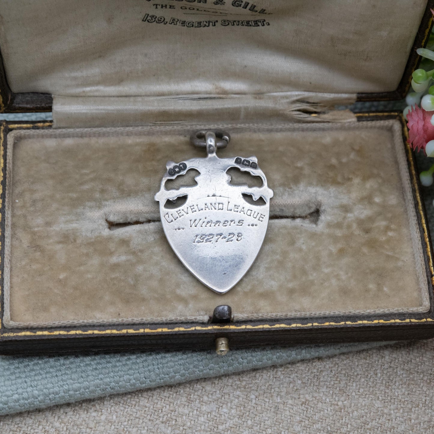 Antique Sterling Silver Gold Fronted Watch Fob Pendant 1928 - Blank Face | Openwork Floral Shield Border