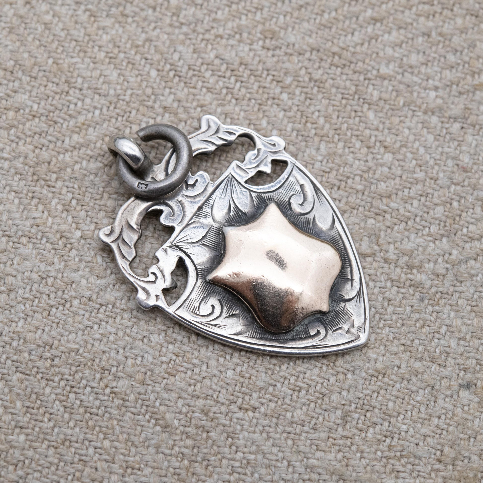 Antique Sterling Silver Gold Fronted Watch Fob Pendant 1928 - Blank Face | Openwork Floral Shield Border