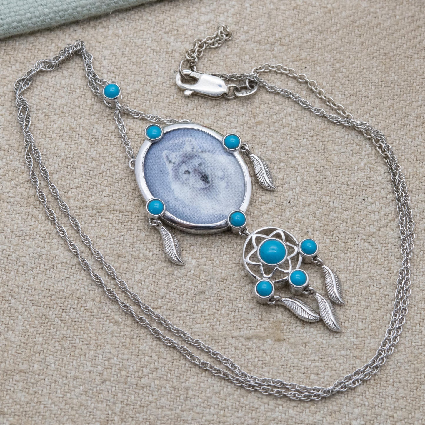 BGE Sterling Silver Native American Dream Catcher Necklace - White Wolf and Blue Gemstone Pendant