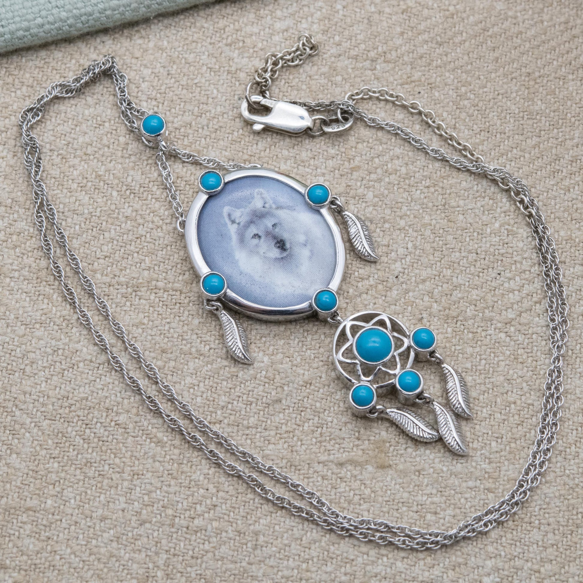 BGE Sterling Silver Native American Dream Catcher Necklace - White Wolf and Blue Gemstone Pendant