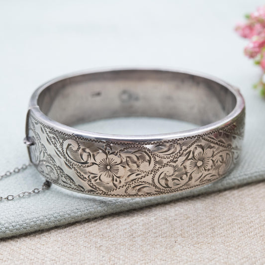 Vintage Sterling Silver Engraved Bangle Bracelet 1959 by KP - Chunky Victorian Aesthetic Scrolling Style with Safety Chain