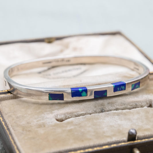Vintage Mexican Sterling Silver Bangle Bracelet - Blue Gemstone Minimalist Mid-Century Style | Gift for Her