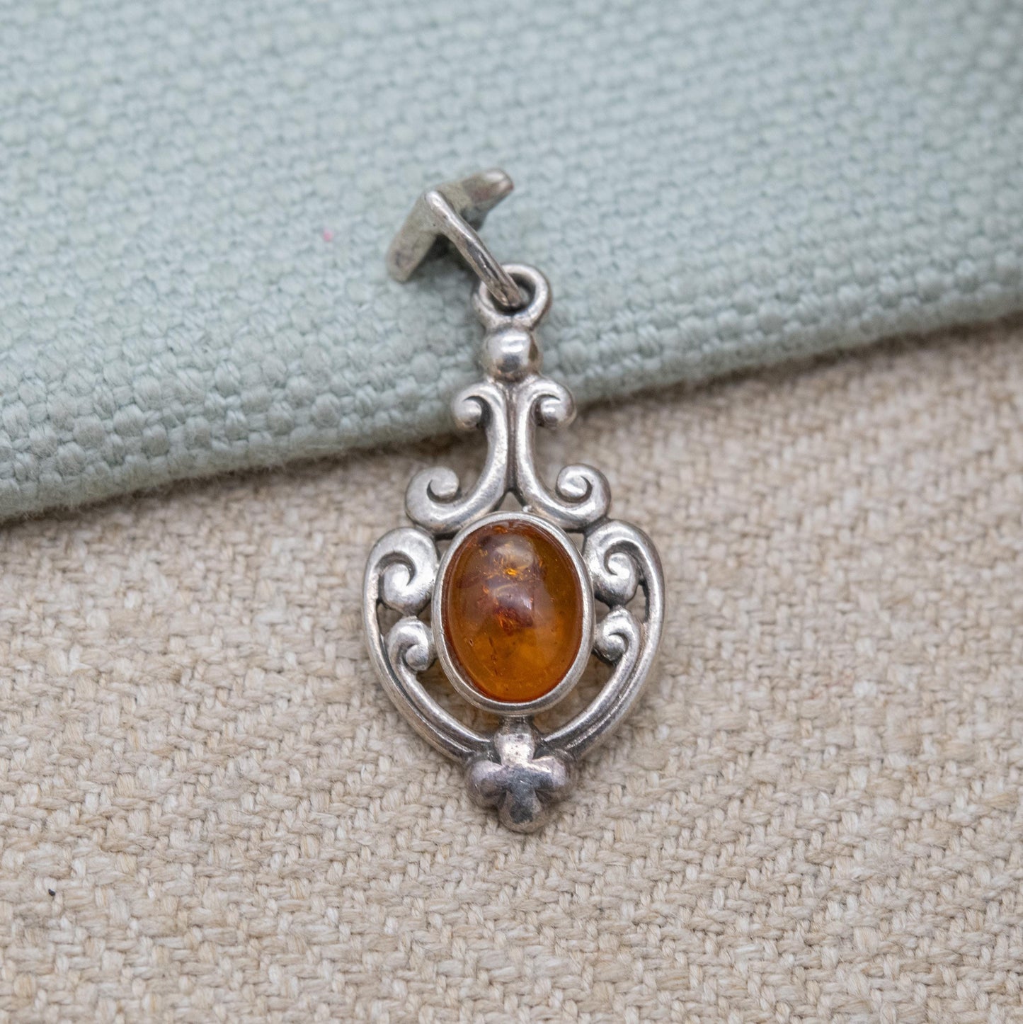 Vintage Sterling Silver Ornate Amber Pendant - Yellow Orange Gemstone Charm | Scrolling Openwork Mount | Gift for Her