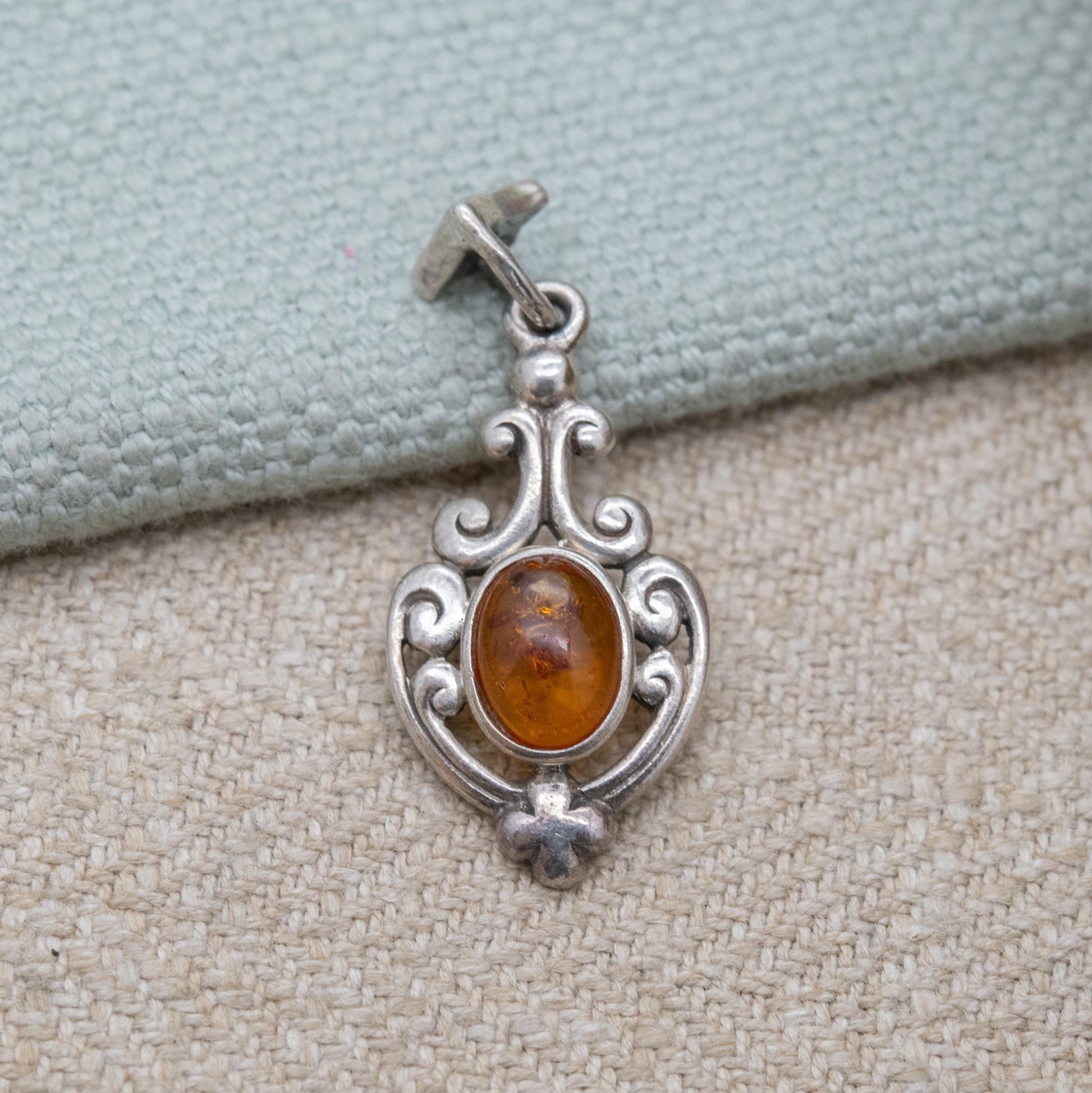 Vintage Sterling Silver Ornate Amber Pendant - Yellow Orange Gemstone Charm | Scrolling Openwork Mount | Gift for Her