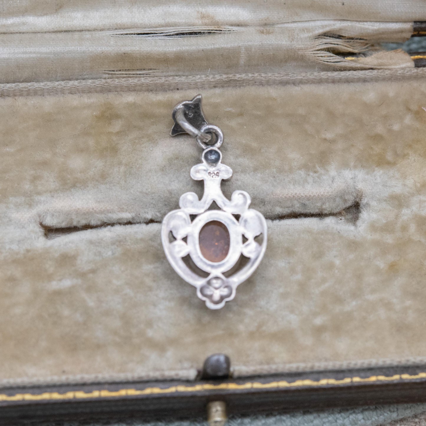 Vintage Sterling Silver Ornate Amber Pendant - Yellow Orange Gemstone Charm | Scrolling Openwork Mount | Gift for Her
