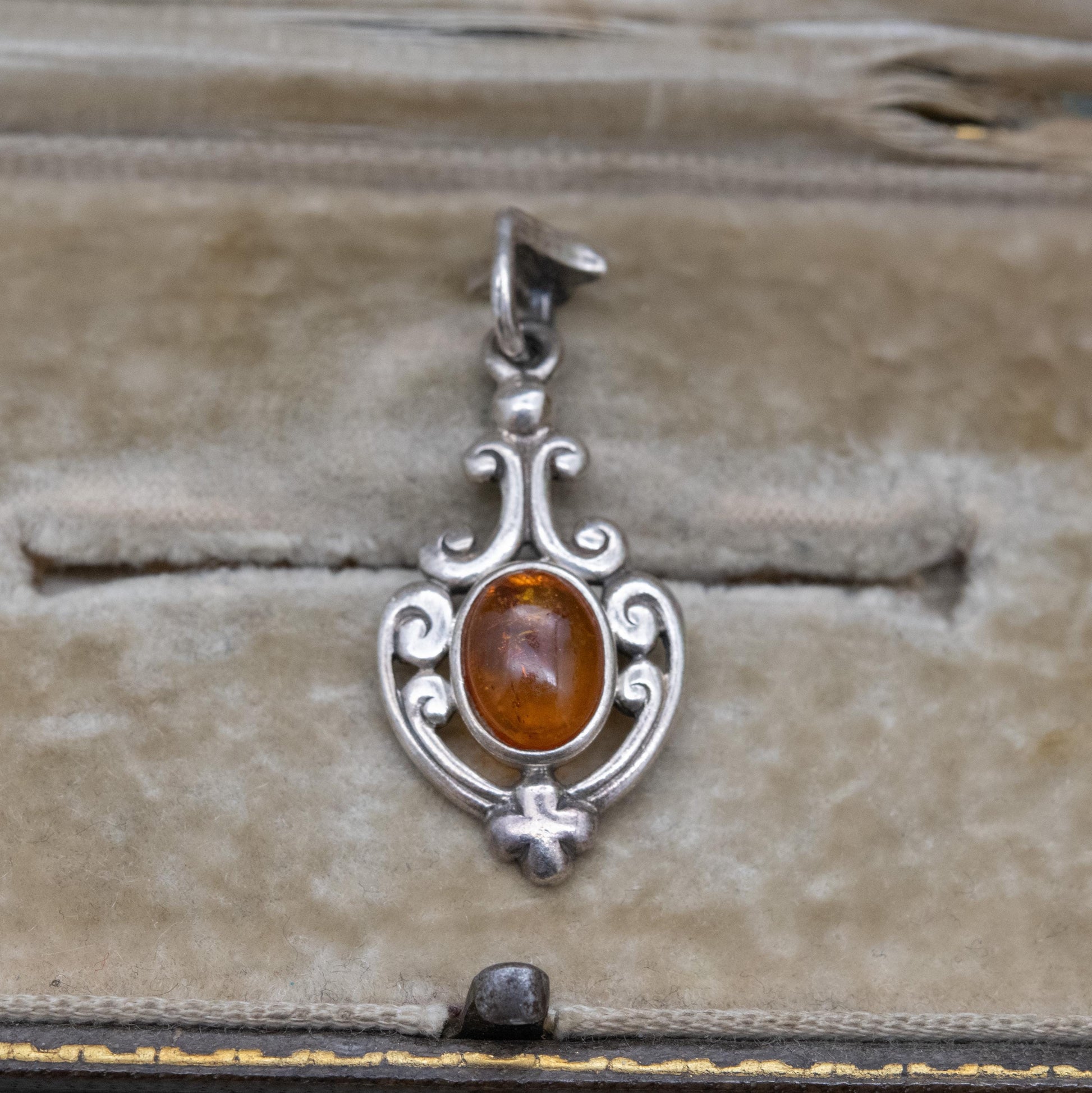Vintage Sterling Silver Ornate Amber Pendant - Yellow Orange Gemstone Charm | Scrolling Openwork Mount | Gift for Her