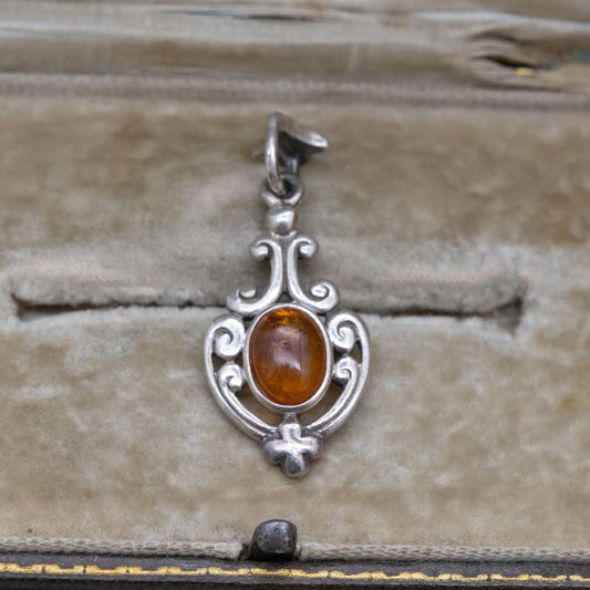 Vintage Sterling Silver Ornate Amber Pendant - Yellow Orange Gemstone Charm | Scrolling Openwork Mount | Gift for Her