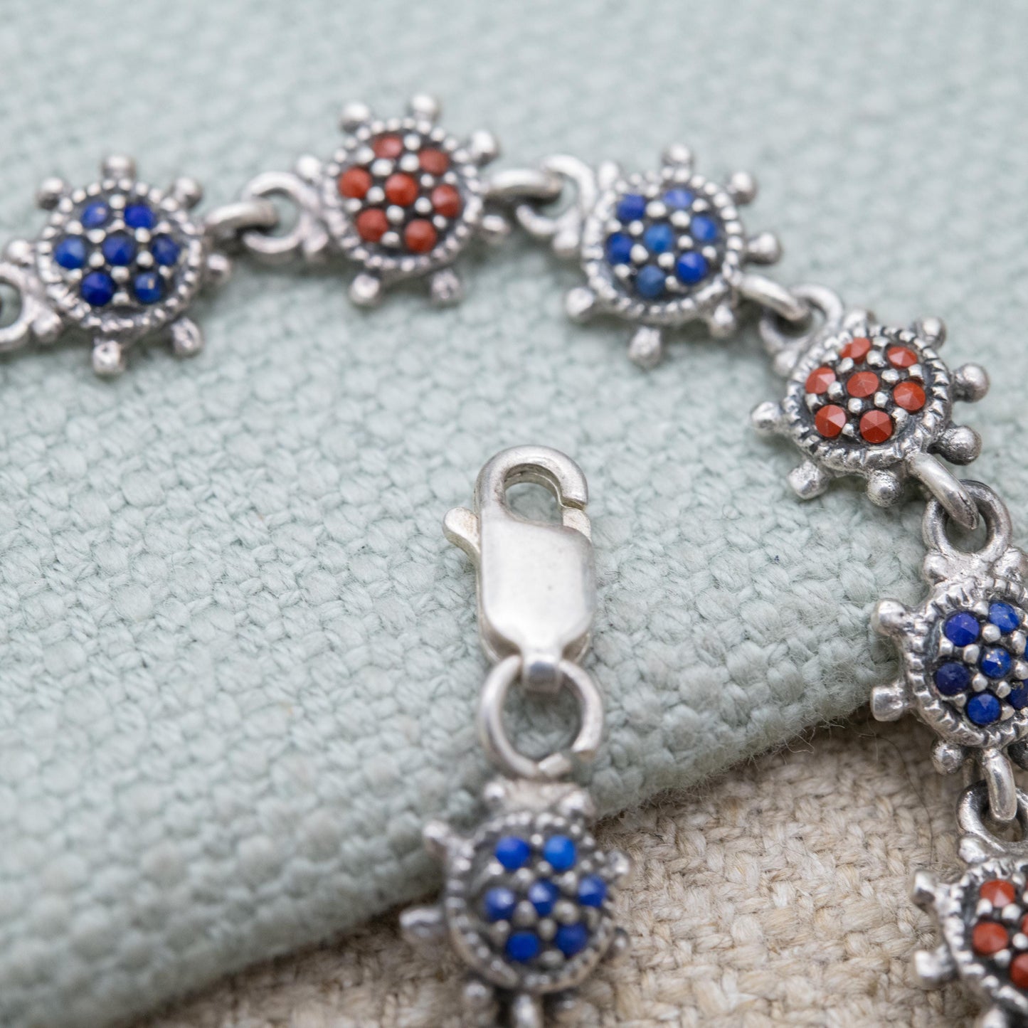 Vintage Sterling Silver Sun Panel Bracelet - Red and Blue Gemstone Star Burst Wrist Jewellery | Pretty Gift for Her