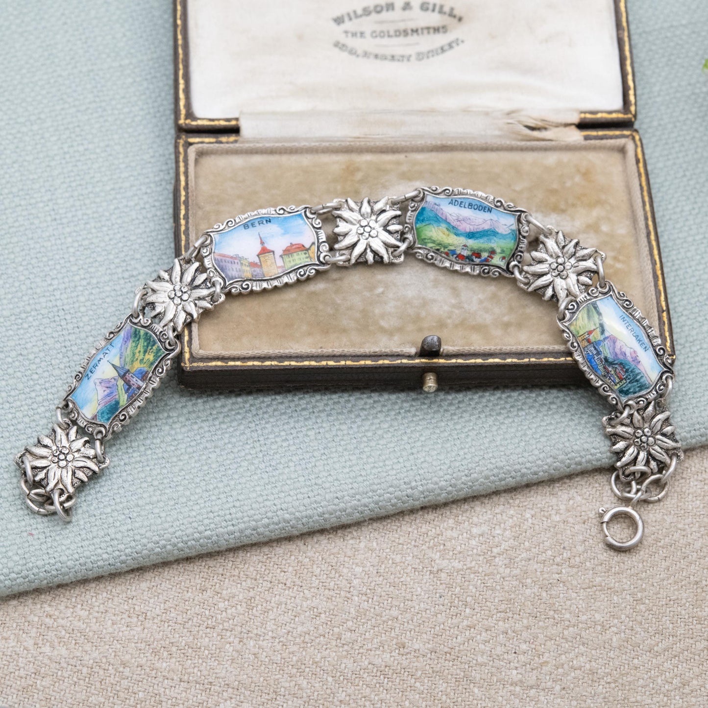 Vintage European Silver Swiss Panel Bracelet - Detailed Flower and Enamel Panel Scenes | Switzerland Travel Souvenir Jewellery
