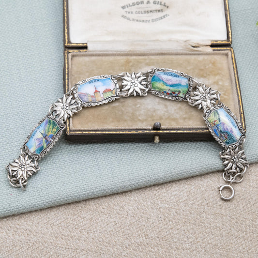 Vintage European Silver Swiss Panel Bracelet - Detailed Flower and Enamel Panel Scenes | Switzerland Travel Souvenir Jewellery
