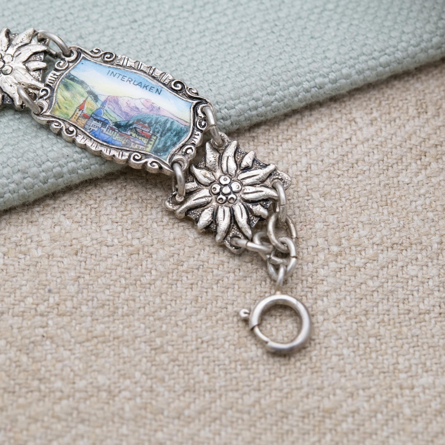Vintage European Silver Swiss Panel Bracelet - Detailed Flower and Enamel Panel Scenes | Switzerland Travel Souvenir Jewellery