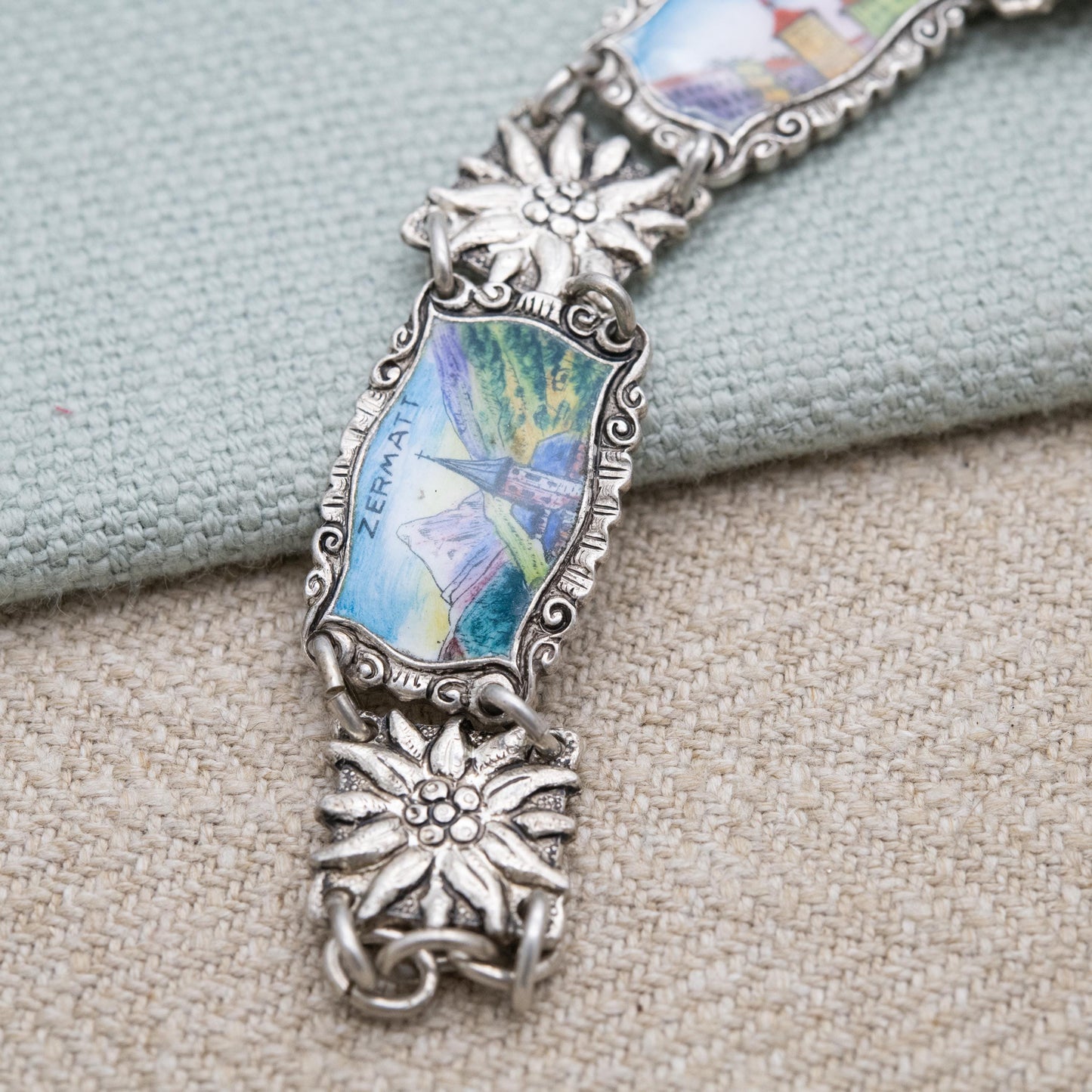 Vintage European Silver Swiss Panel Bracelet - Detailed Flower and Enamel Panel Scenes | Switzerland Travel Souvenir Jewellery