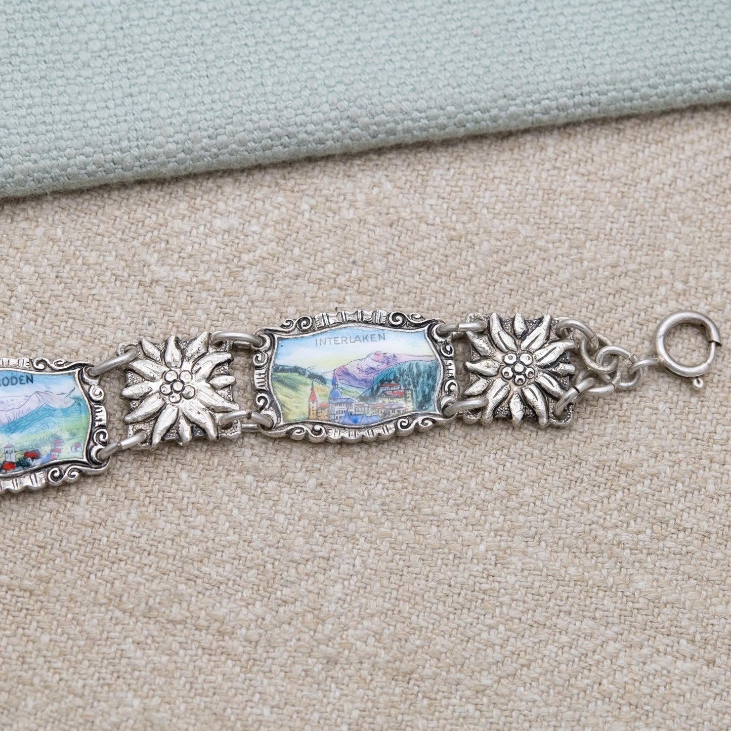 Vintage European Silver Swiss Panel Bracelet - Detailed Flower and Enamel Panel Scenes | Switzerland Travel Souvenir Jewellery