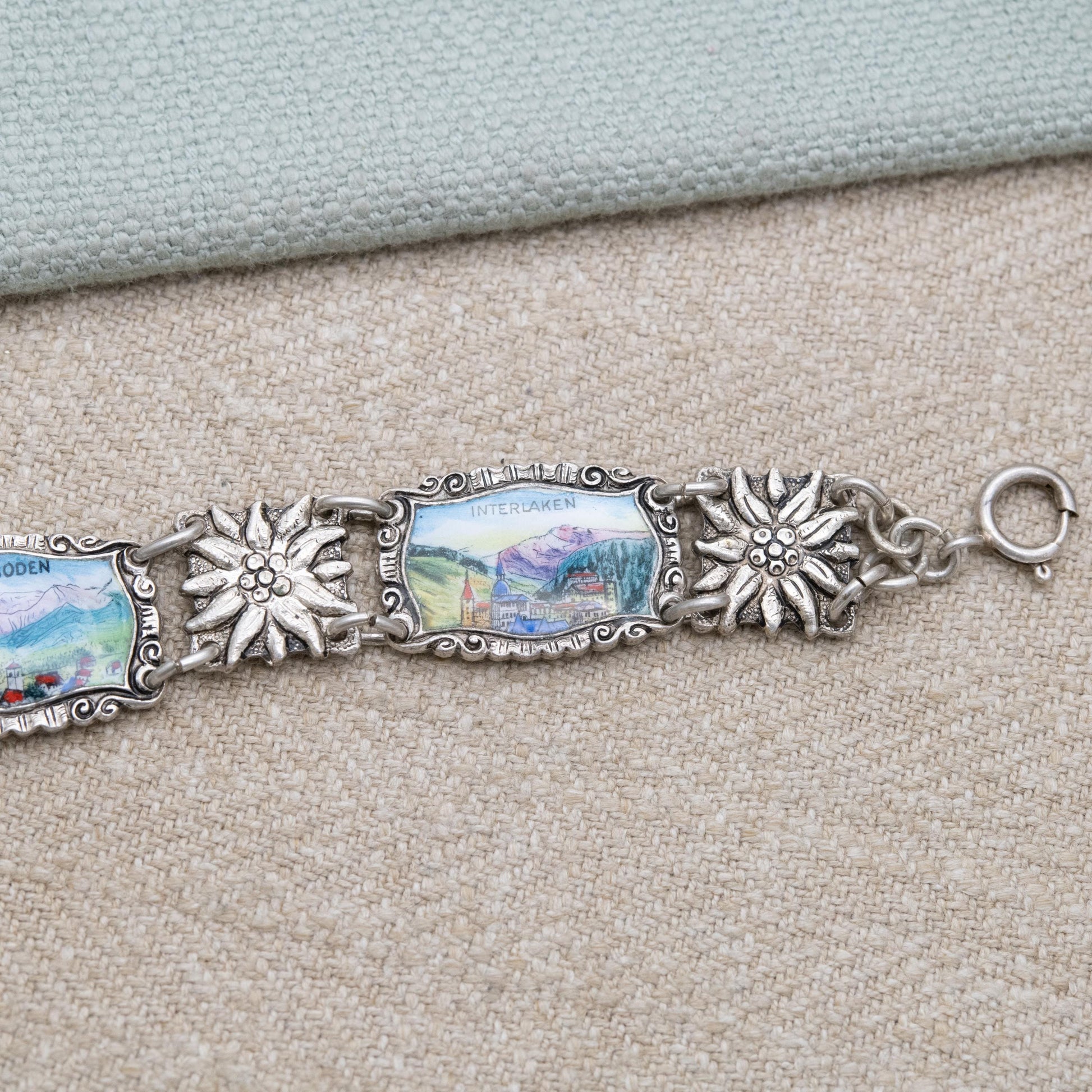 Vintage European Silver Swiss Panel Bracelet - Detailed Flower and Enamel Panel Scenes | Switzerland Travel Souvenir Jewellery