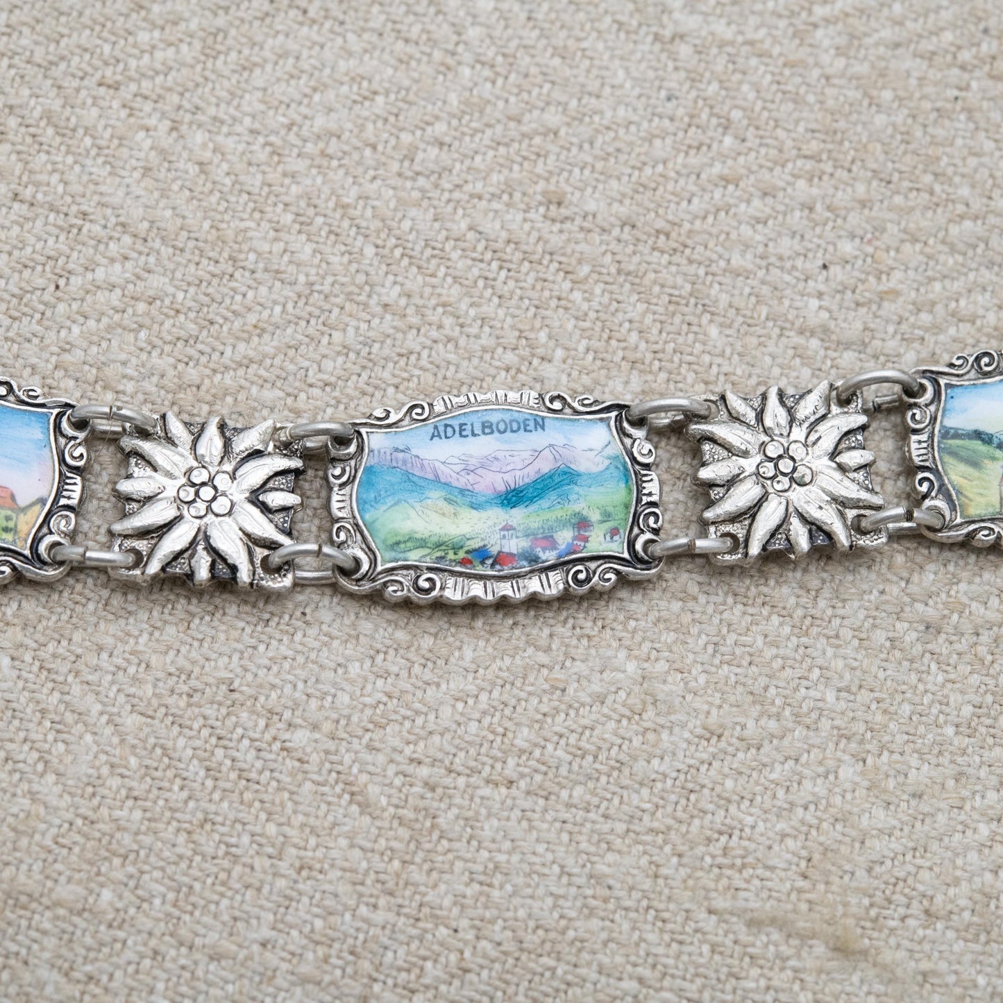 Vintage European Silver Swiss Panel Bracelet - Detailed Flower and Enamel Panel Scenes | Switzerland Travel Souvenir Jewellery