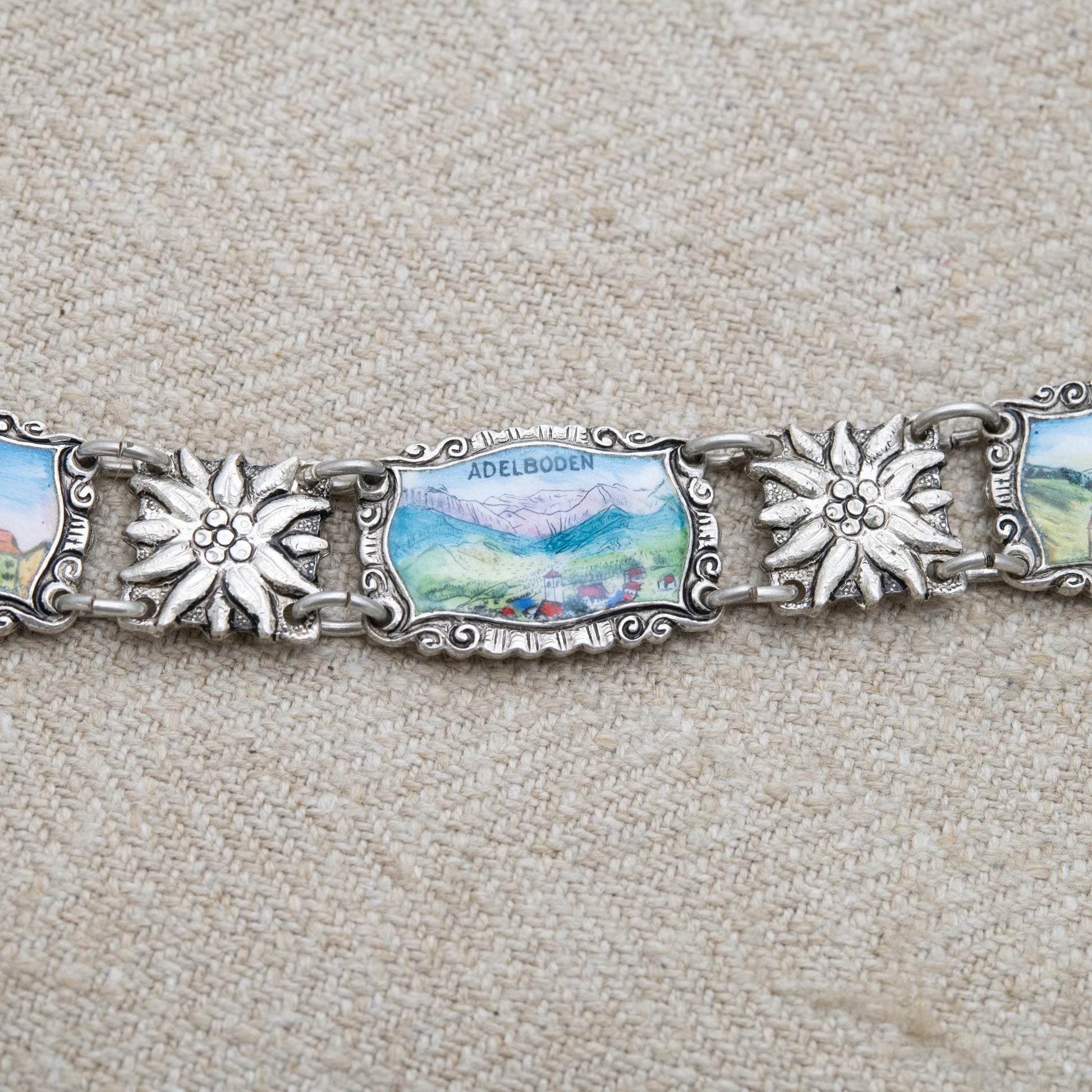 Vintage European Silver Swiss Panel Bracelet - Detailed Flower and Enamel Panel Scenes | Switzerland Travel Souvenir Jewellery
