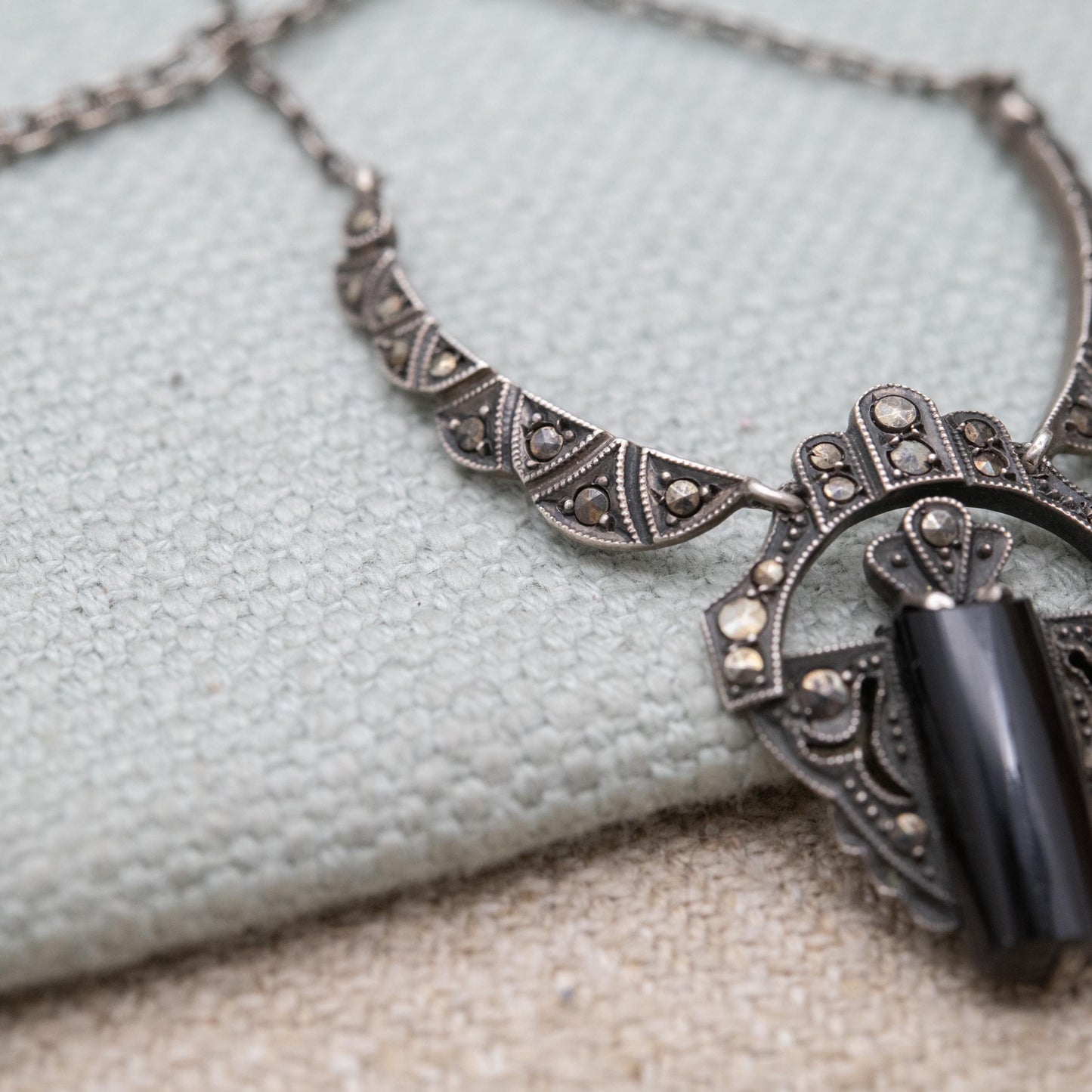 Vintage European Silver Onyx and Marcasite Necklace - Art Deco Style | Large Onyx Gemstone | Gift for Her