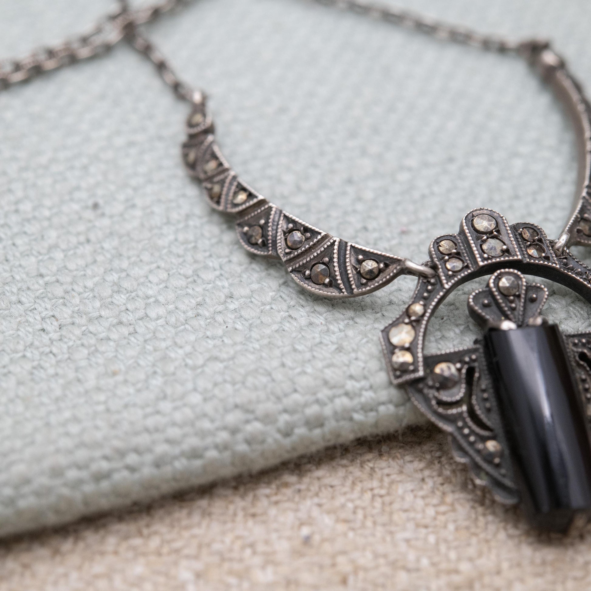 Vintage European Silver Onyx and Marcasite Necklace - Art Deco Style | Large Onyx Gemstone | Gift for Her