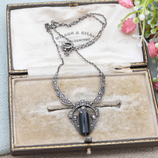 Vintage European Silver Onyx and Marcasite Necklace - Art Deco Style | Large Onyx Gemstone | Gift for Her