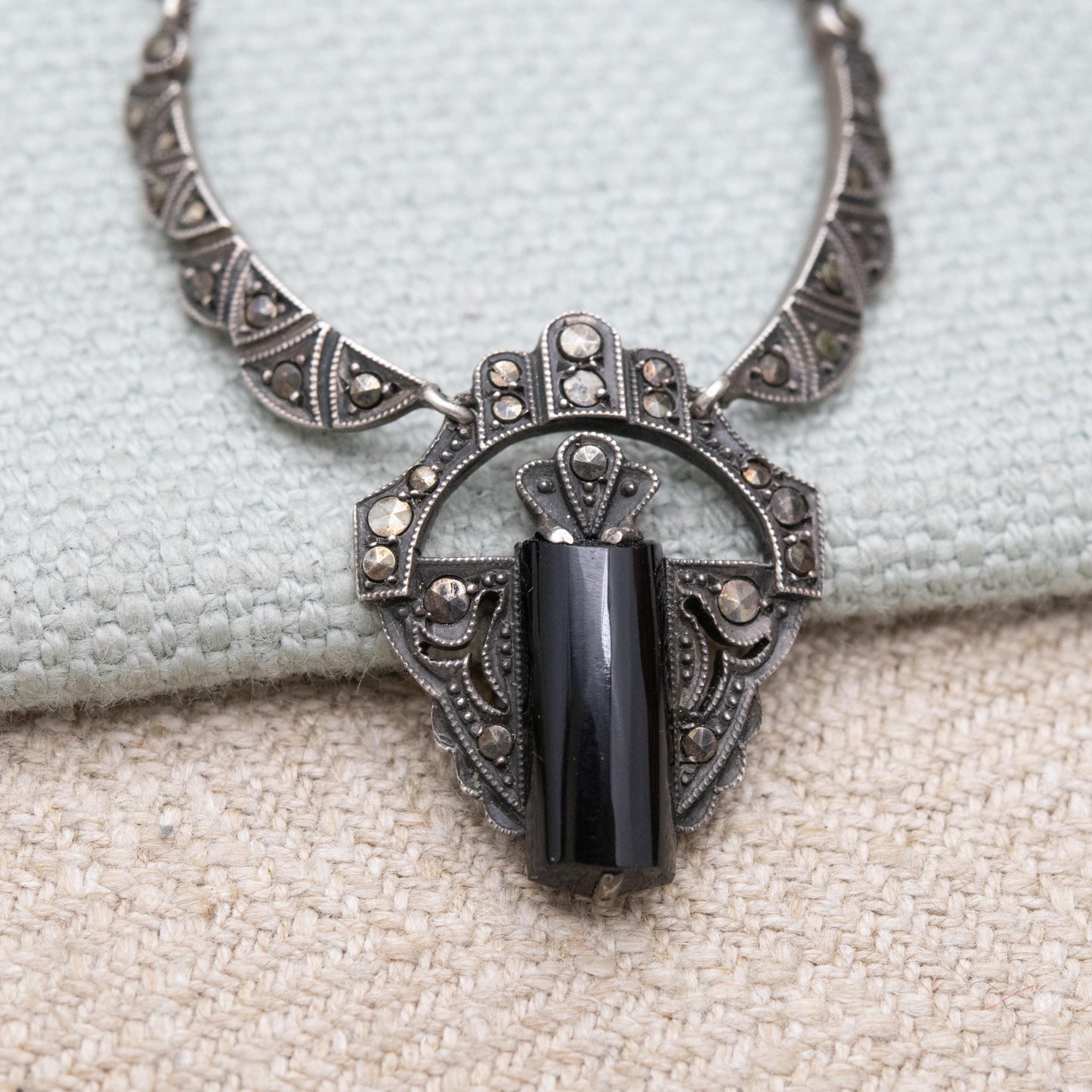 Vintage European Silver Onyx and Marcasite Necklace - Art Deco Style | Large Onyx Gemstone | Gift for Her
