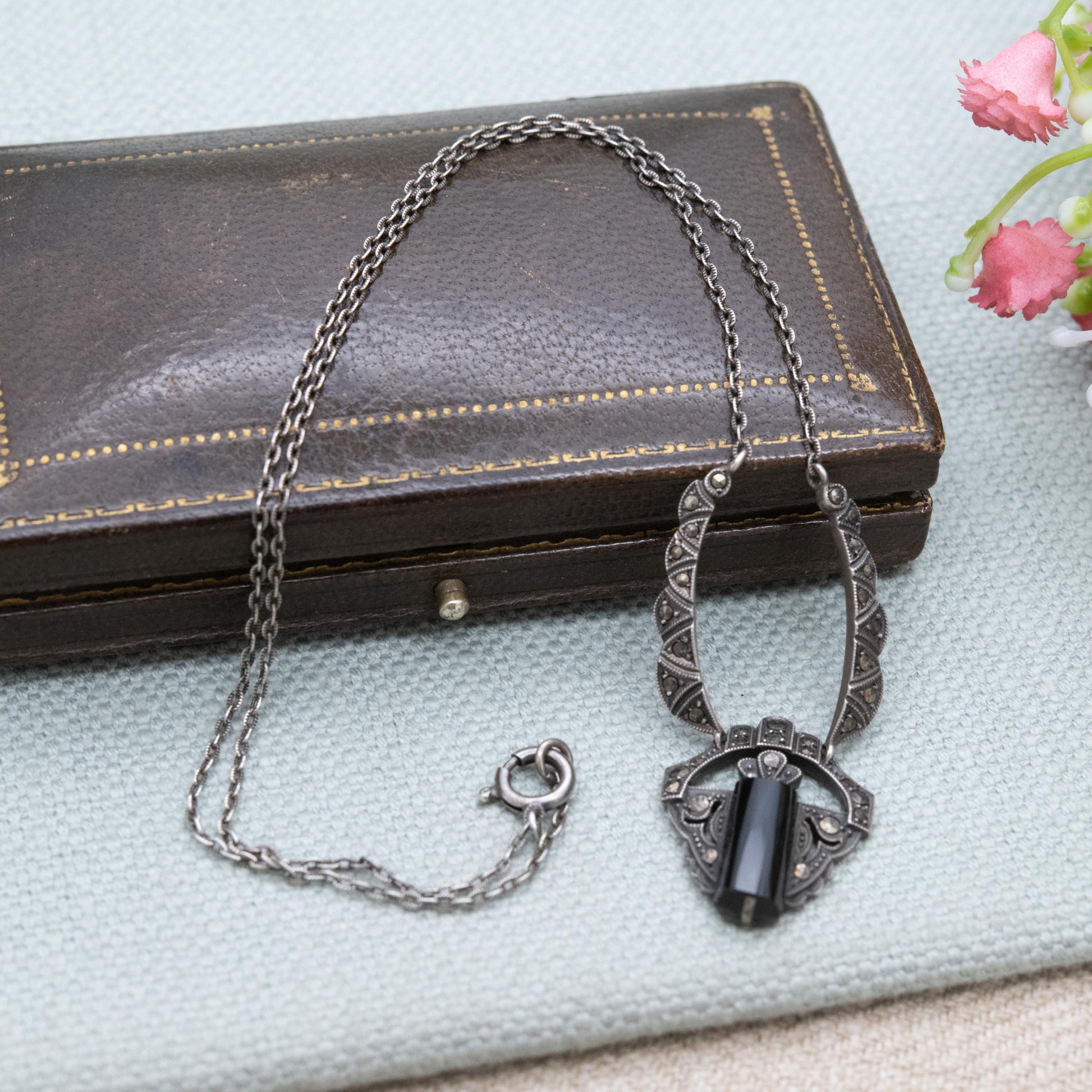 Vintage European Silver Onyx and Marcasite Necklace - Art Deco Style | Large Onyx Gemstone | Gift for Her