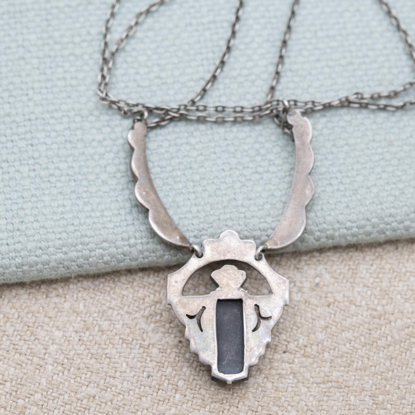 Vintage European Silver Onyx and Marcasite Necklace - Art Deco Style | Large Onyx Gemstone | Gift for Her