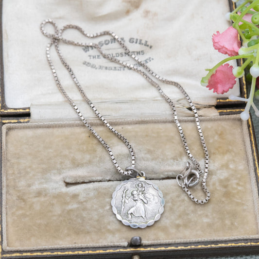 Vintage Sterling Silver St. Christopher Pendant and Box Link Necklace 1976 - Patron Saint of Travelling | Christian Religious Jewellery Gift