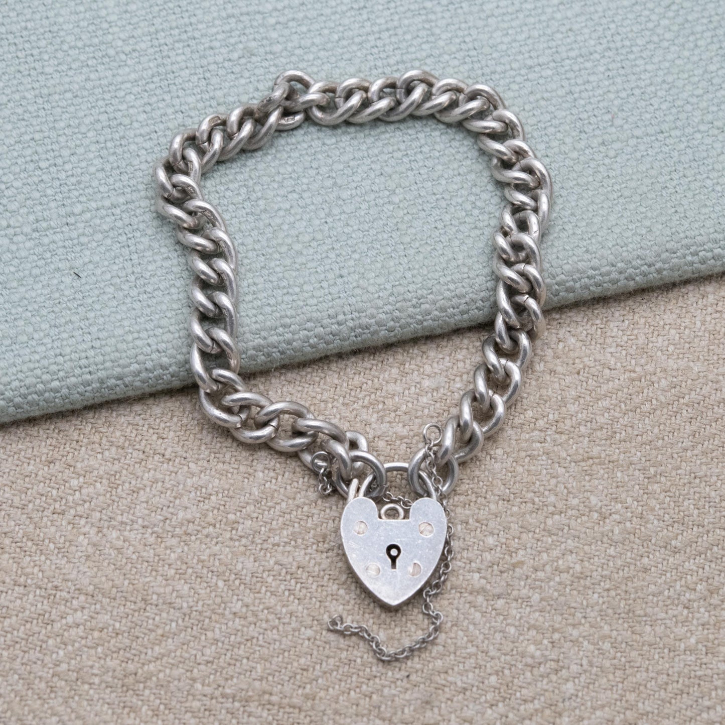 Vintage Sterling Silver Heart Padlock Clasp Chain Bracelet - Chunky Curb Links with Safety Chain | UK Hallmarks