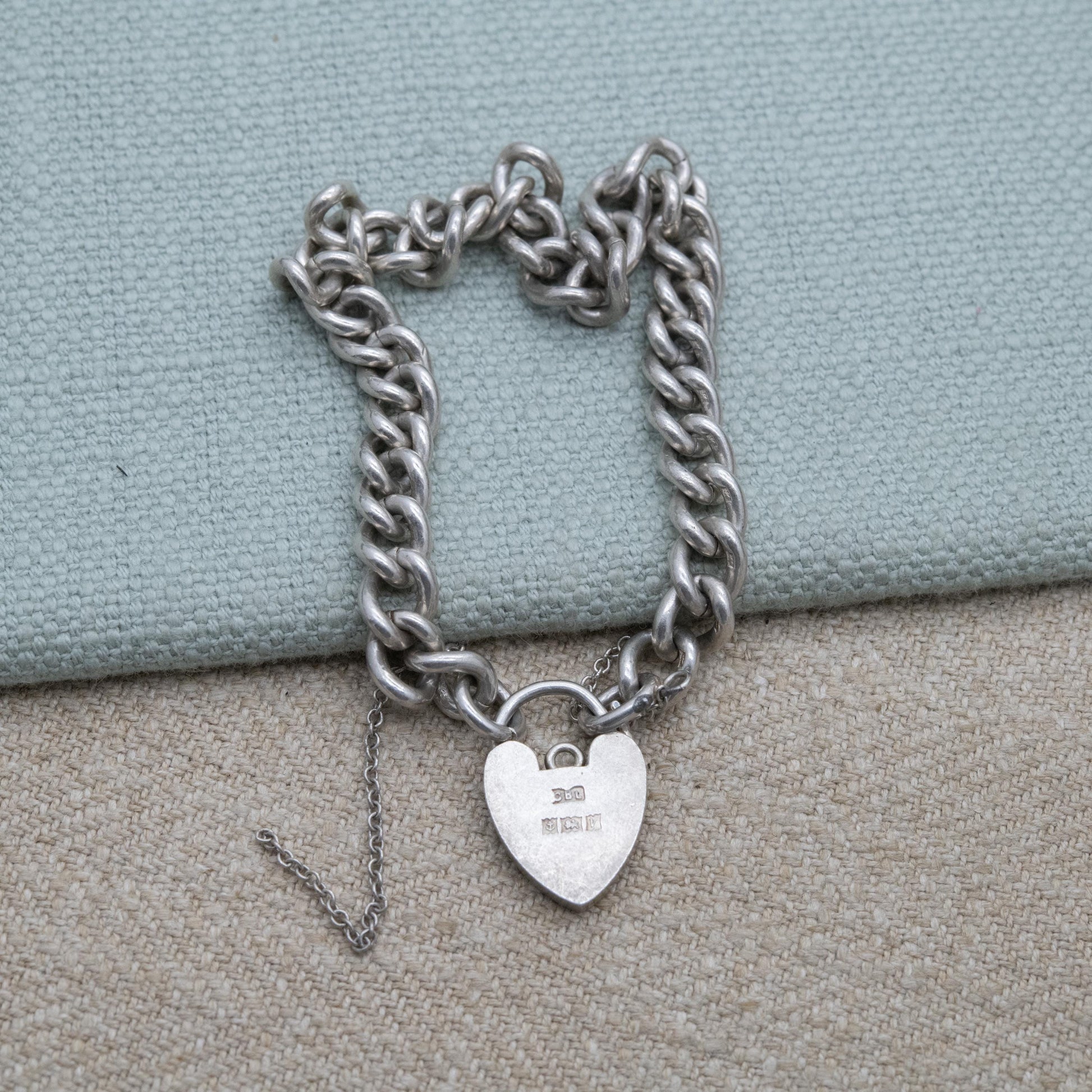 Vintage Sterling Silver Heart Padlock Clasp Chain Bracelet - Chunky Curb Links with Safety Chain | UK Hallmarks