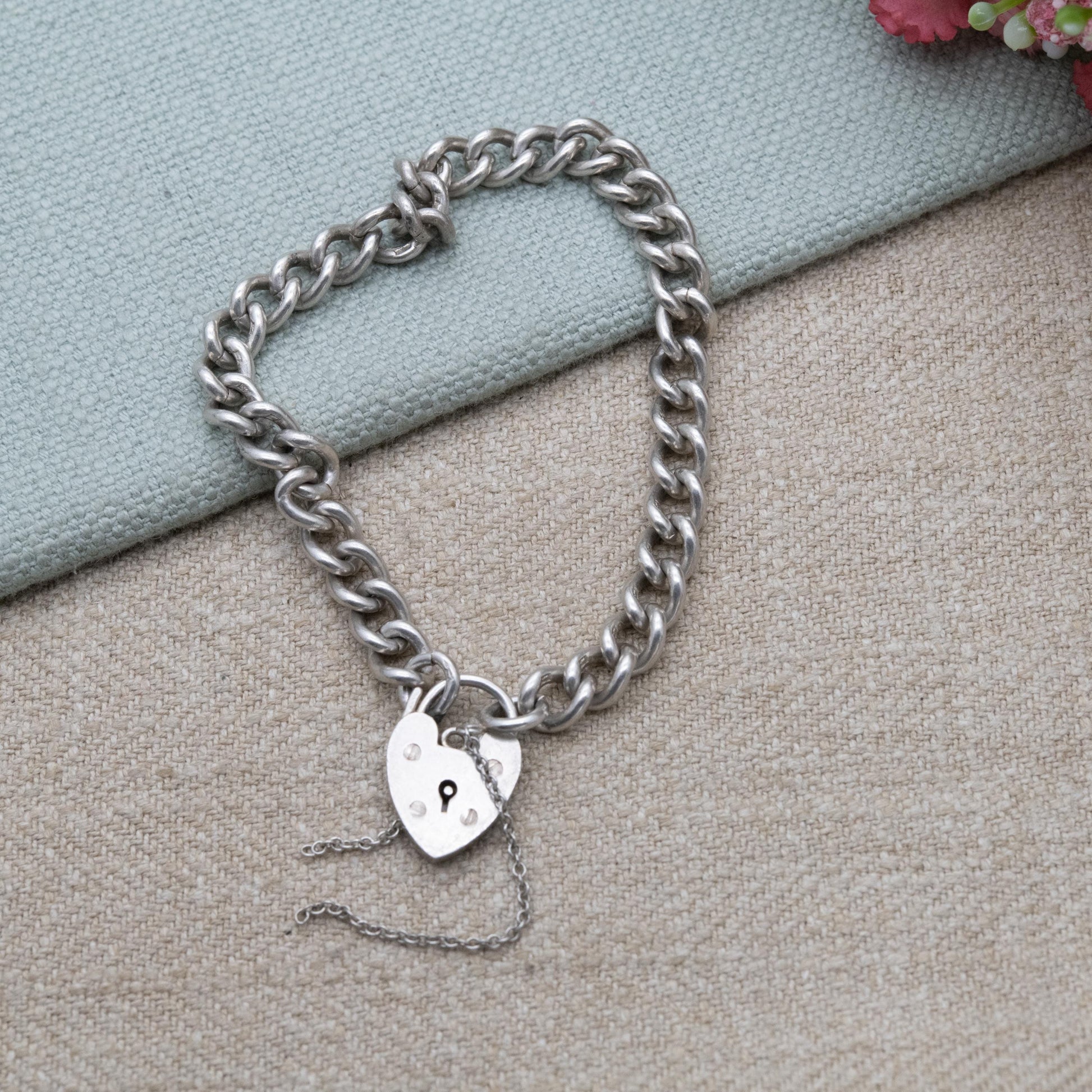 Vintage Sterling Silver Heart Padlock Clasp Chain Bracelet - Chunky Curb Links with Safety Chain | UK Hallmarks