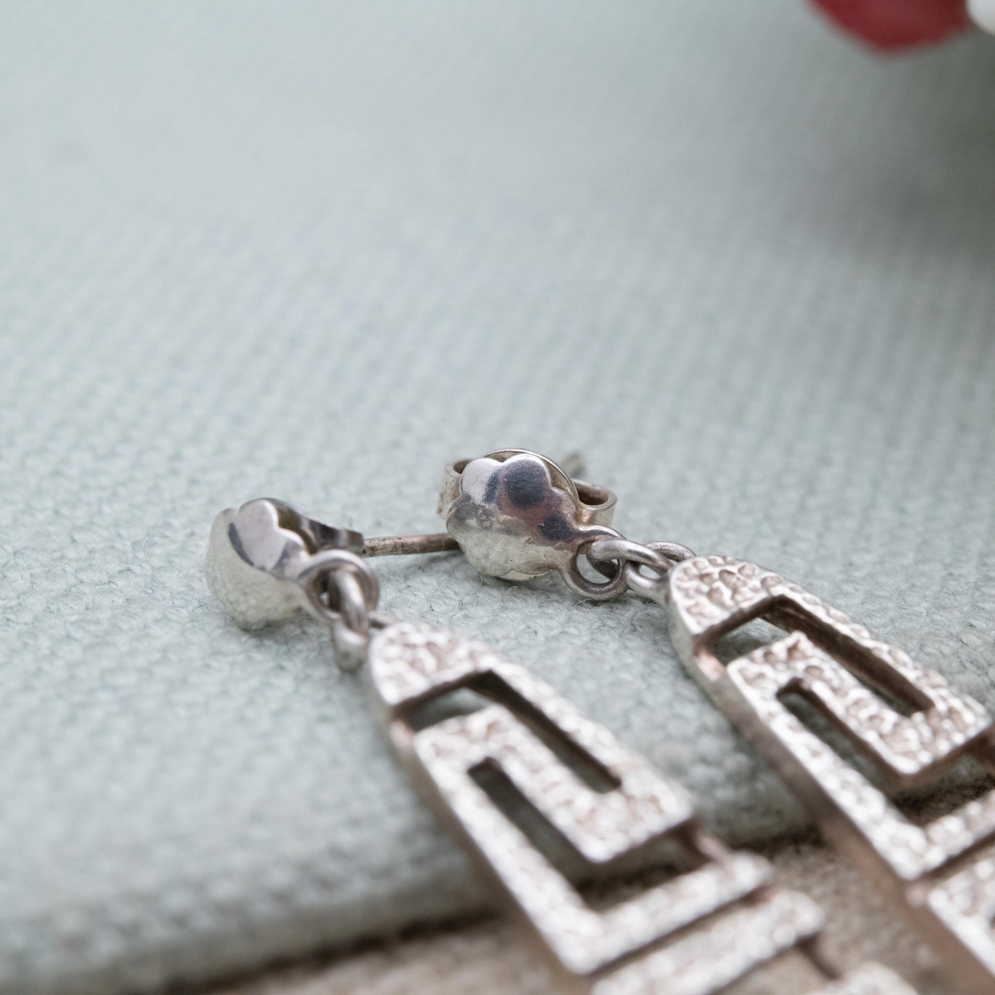 Vintage Greek Sterling Silver Meander Drop Earrings - Hammered Openwork Greek Key Maze Design