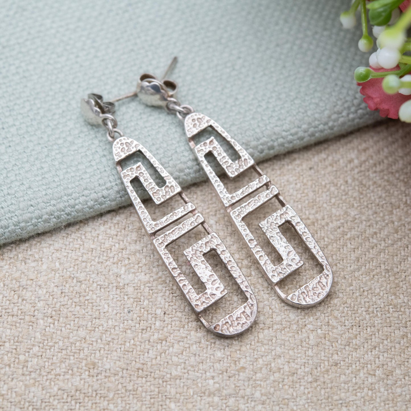 Vintage Greek Sterling Silver Meander Drop Earrings - Hammered Openwork Greek Key Maze Design
