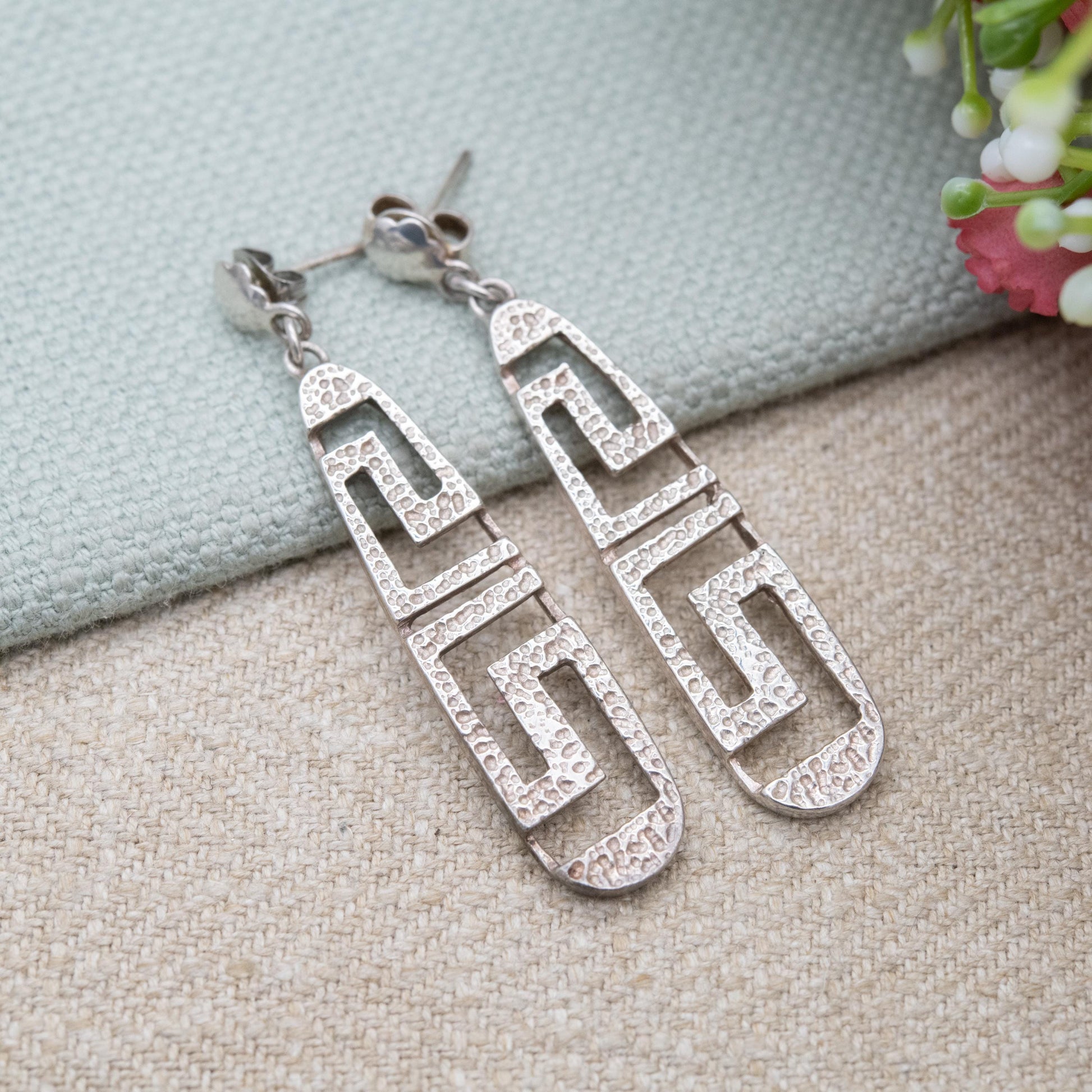 Vintage Greek Sterling Silver Meander Drop Earrings - Hammered Openwork Greek Key Maze Design